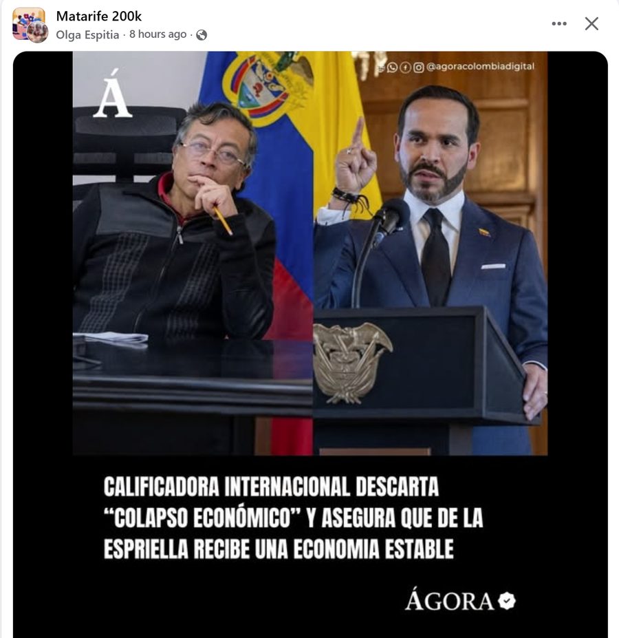 Publicación de Facebook con el titular: Calificadora internacional descarta colapso económico y asegura que De la Espriella recibe una economía estable