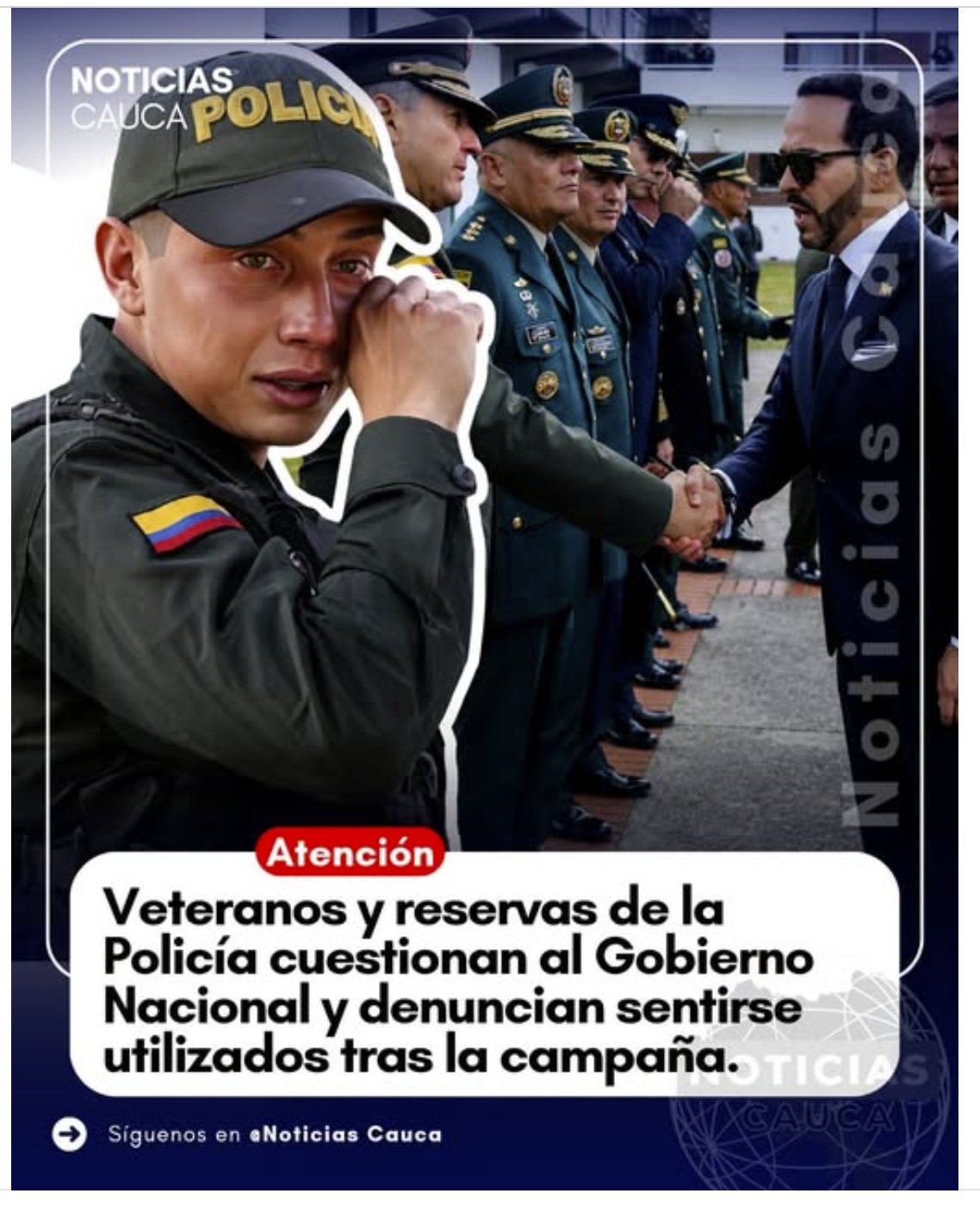 Tarjeta de Instagram con la palabra Atención y el texto: Veteranos y reservas de la Policía cuestionan al Gobierno Nacional y denuncian sentirse utilizados tras la campaña