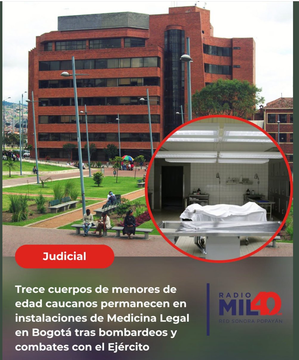 Tarjeta con el titular: Trece cuerpos de menores de edad caucanos permanecen en instalaciones de Medicina Legal en Bogotá tras bombardeos y combates con el Ejército