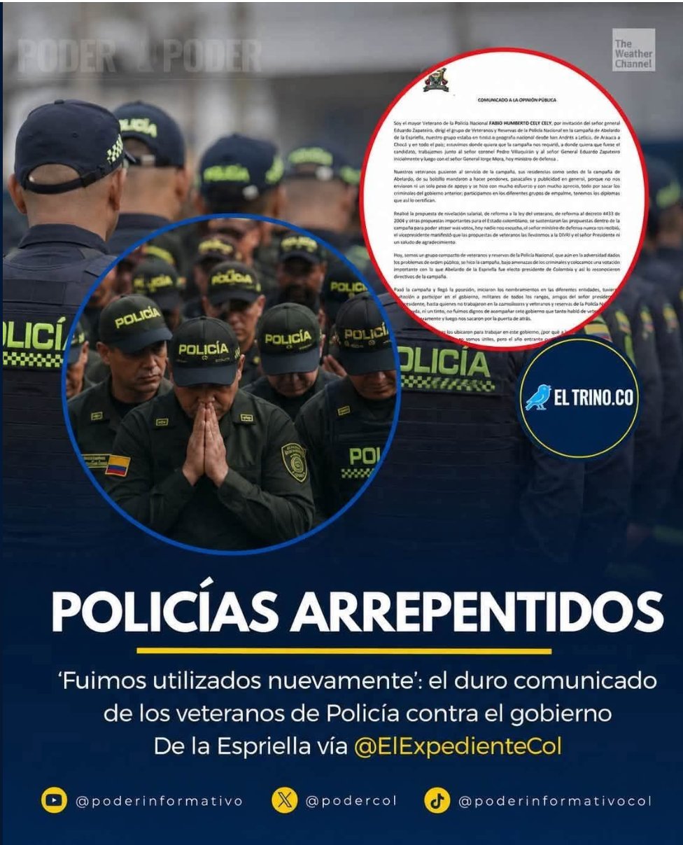 Tarjeta con el titular: Policías arrepentidos, fuimos utilizados nuevamente, el duro comunicado de los veteranos de Policía contra el gobierno De la Espriella