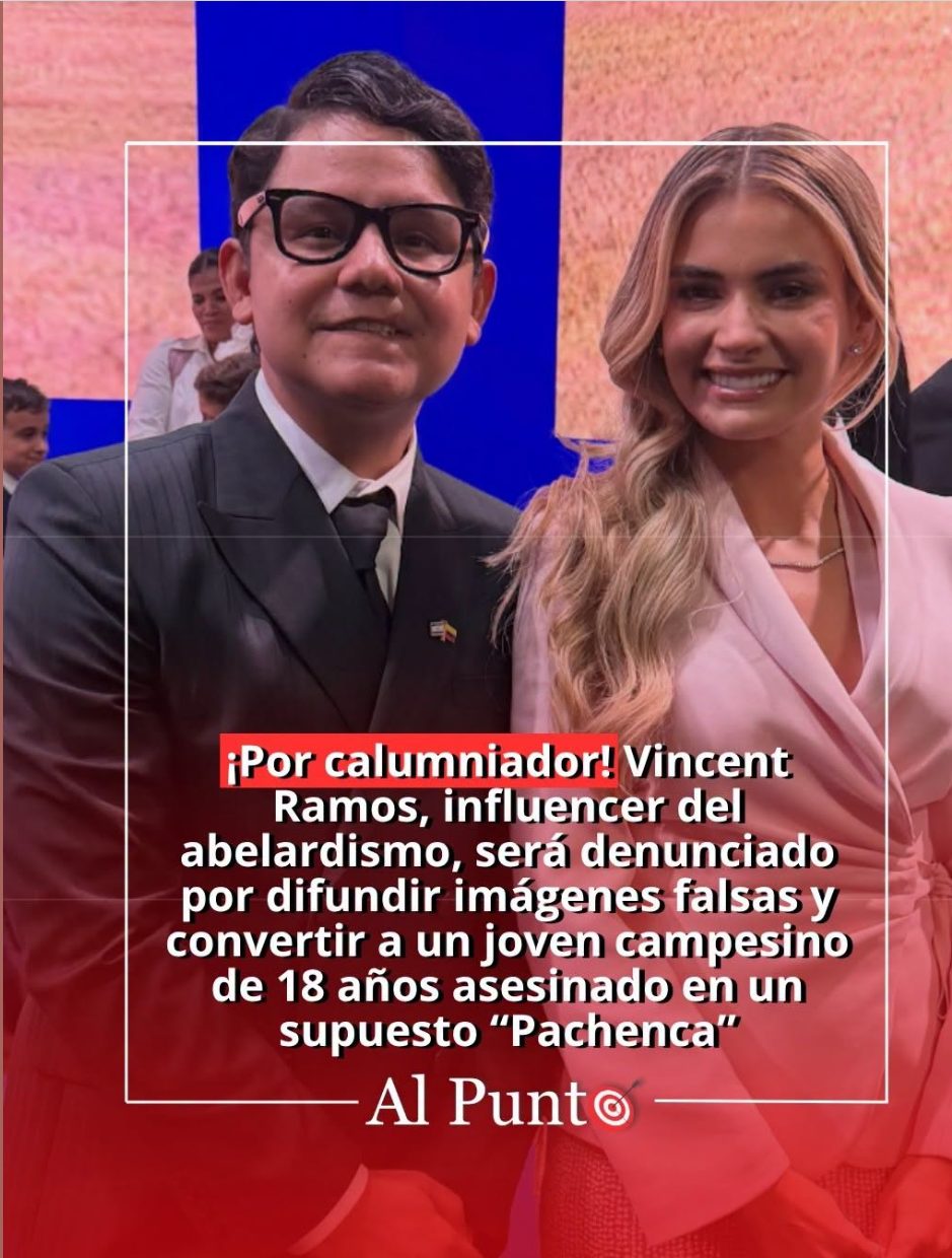 Foto de un influencer junto a una mujer con el texto: Por calumniador, Vincent Ramos, influencer del abelardismo, será denunciado por difundir imágenes falsas