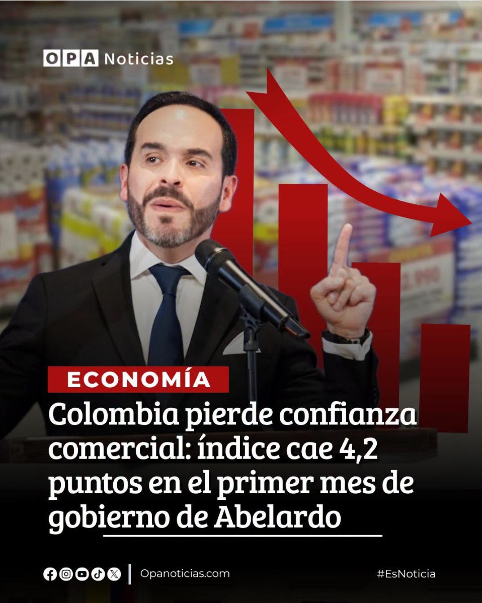 Foto del presidente frente a un gráfico de barras en descenso con el titular: Colombia pierde confianza comercial, índice cae 4,2 puntos en el primer mes de gobierno de Abelardo
